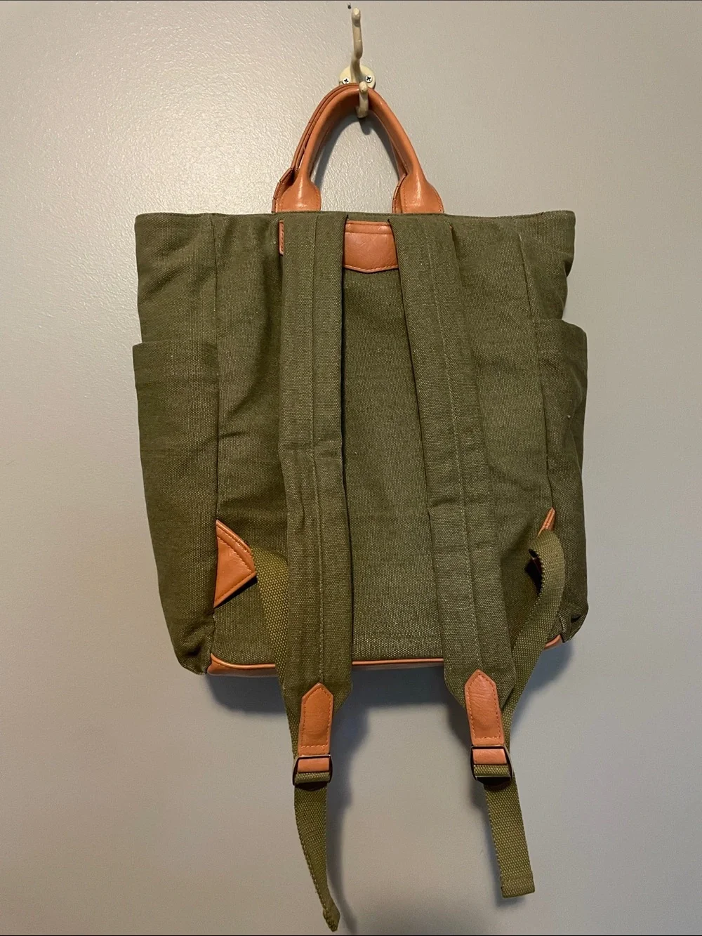 Universal Thread Olive Canvas Backpack with Tan Leather Handles